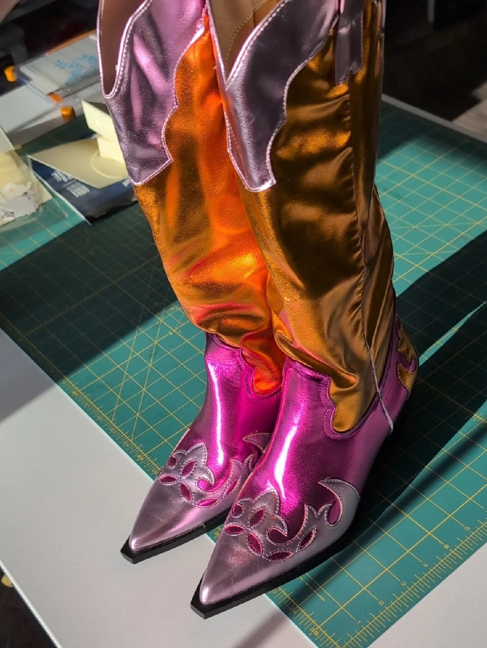 Metallic Pink and Orange Over-the-Knee Western Boots - Picture 1 of 7